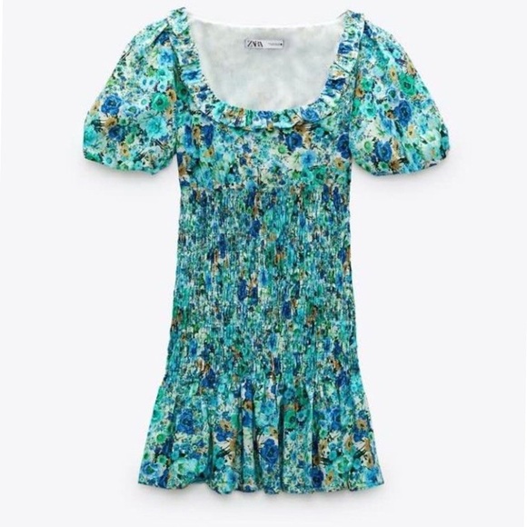 Zara Floral Print Smocked Bodice Ruffle Hem Square Neck Puff Sleeve Mini Dress S - Picture 2 of 14
